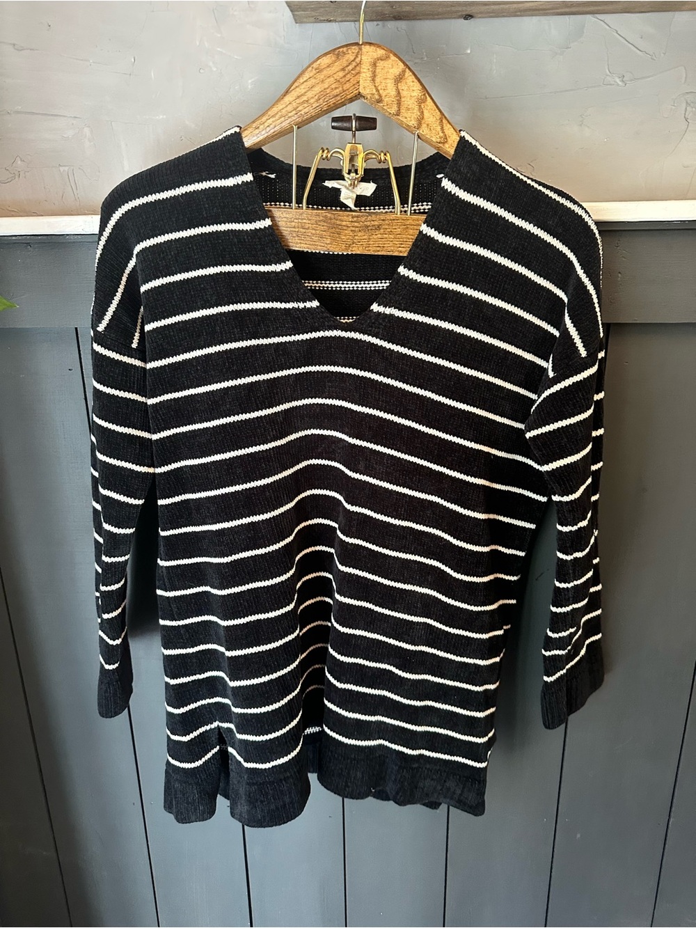 EILEEN FISHER XL Sweater Organic Cotton Chenille V Neck Black White Stripe S